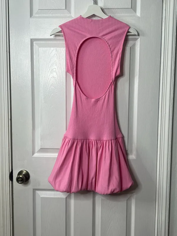 ZARA Pink Bubble Hem Mini Dress M Ribbed Open Back Drop Waist Girly Coquette Y2K - Image 3