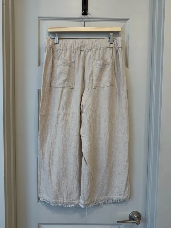Natural Beige Linen-Blend Wide Leg Frayed Hem Pants - Image 4
