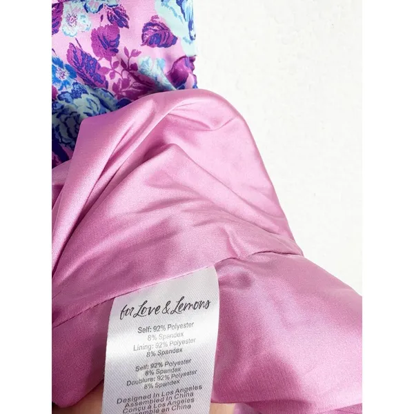 For Love & Lemons Tahiti Ruched Mini Dress Small Purple Floral Satin Cottagecore - Image 7
