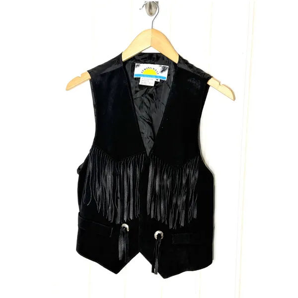 Spring West Black Genuine Leather Suede Fringe Western Vest Conchos Womens M - Image 4