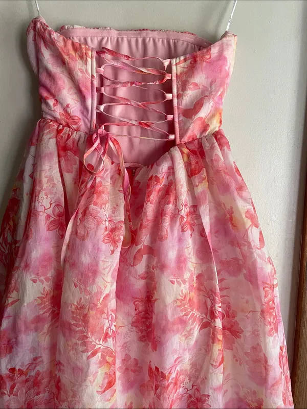 Lulus Eulalia Pink Floral Lace-Up Strapless Bustier Midi Dress - Image 8