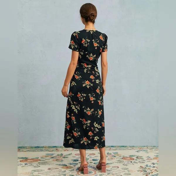 RIHOAS The Black V Neck Floral Short Sleeve Maxi Dress - Image 3