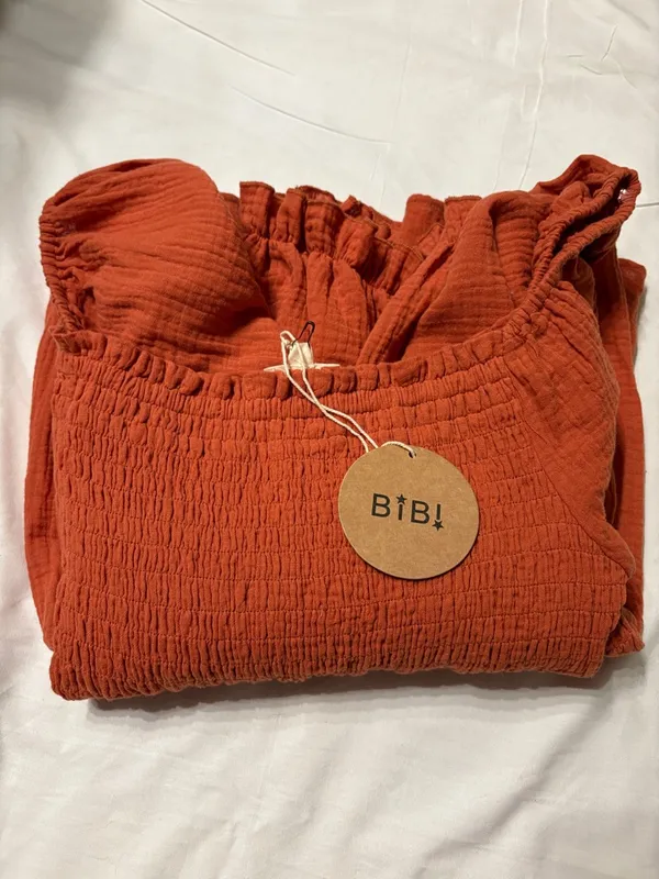 BiBi Rust Smocked Off-Shoulder Gauzy Cotton Peasant Blouse Coquette SZ L NWT - Image 7
