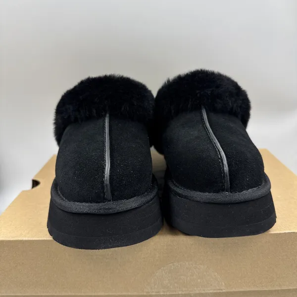 UGG Disquette Black Suede Fur Cuff Slide Platform Slipper Shoes Size 7 Women New - Image 2