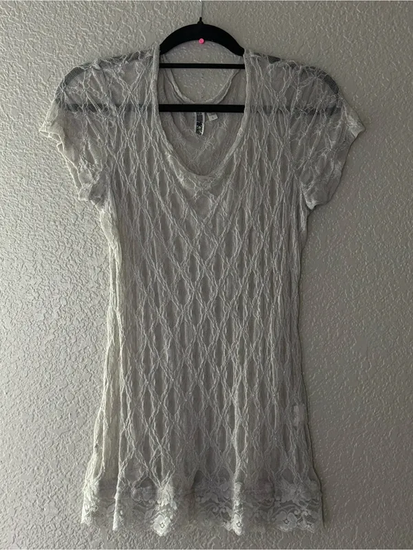Buckle Vintage Y2K Gray Shimmer Sheer Lace Top Fairycore Whimsigoth Large - Image 5
