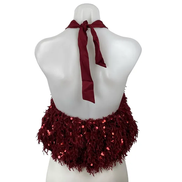 Zara Women's Red Sequin Fringe Halter Sleeveless Open Back Blouse Top Size S - Image 4