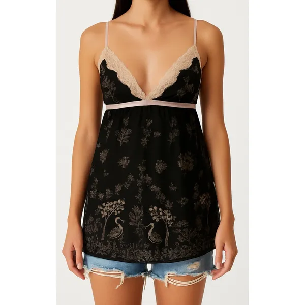 Y2K Sheer Fairy Goth Babydoll Slip Top Peacock Floral Lace Coquette Mesh 90s EUC - Image 3