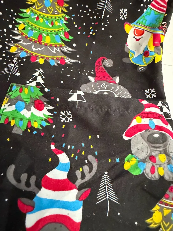 Serene Black Christmas Dog & Gnome Print V-Neck Scrub Top - Image 2