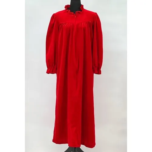 Vintage Red Velour Nightgown‎ Women Medium Quilted Ruffle Zip Long Sleeve Appel - Image 9
