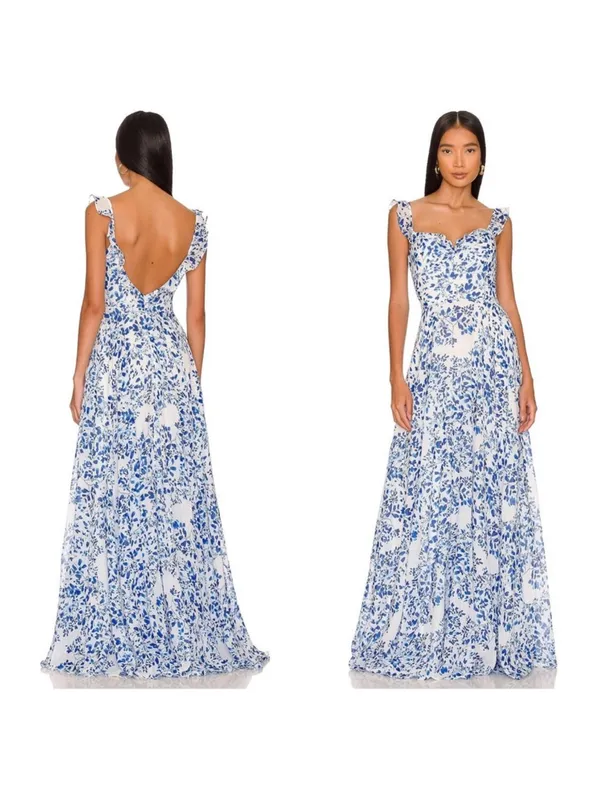 NWT Sau‎ Lee Womens Evangeline Blue Chiffon Printed Evening Dress Gown Size 10 - Image 4