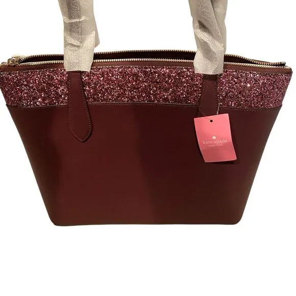 Kate Spade Flash Glitter‎ Shoulder Tote Bag Maroon Zip Top Sparkle Evening New - Image 3