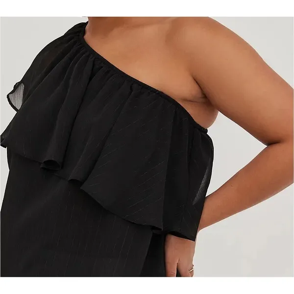 Torrid Black Metallic Lurex One Shoulder Ruffle Blouse Chiffon Party Top 0 L 12‎ - Image 2