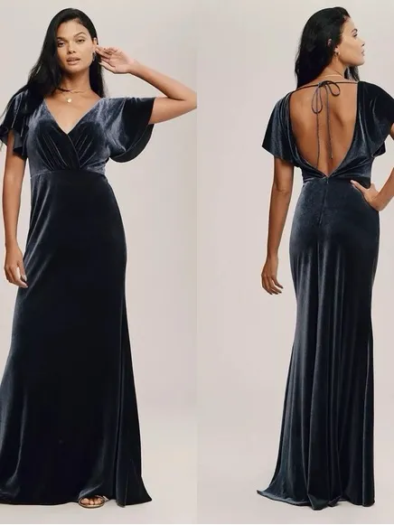 BHLDN Anthropologie Jenny Yoo Ellis Flutter Sleeve Blue Velvet Maxi Gown Dress - Image 2