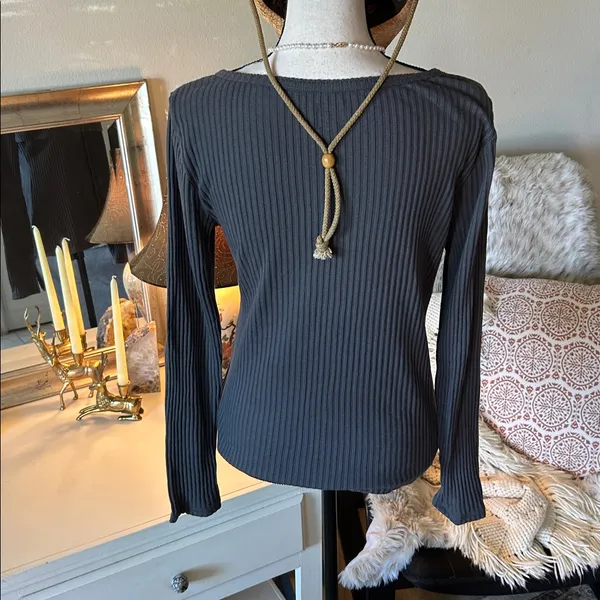 Gap pointelle gray knit cotton blend swoop neck button down top thermal L - Image 6