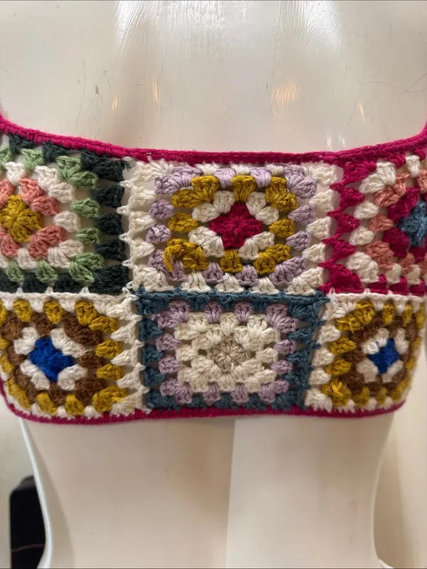 Farm Rio Anthropologie Crochet Cropped Granny Square Pullover Top Shirt XS - Image 9