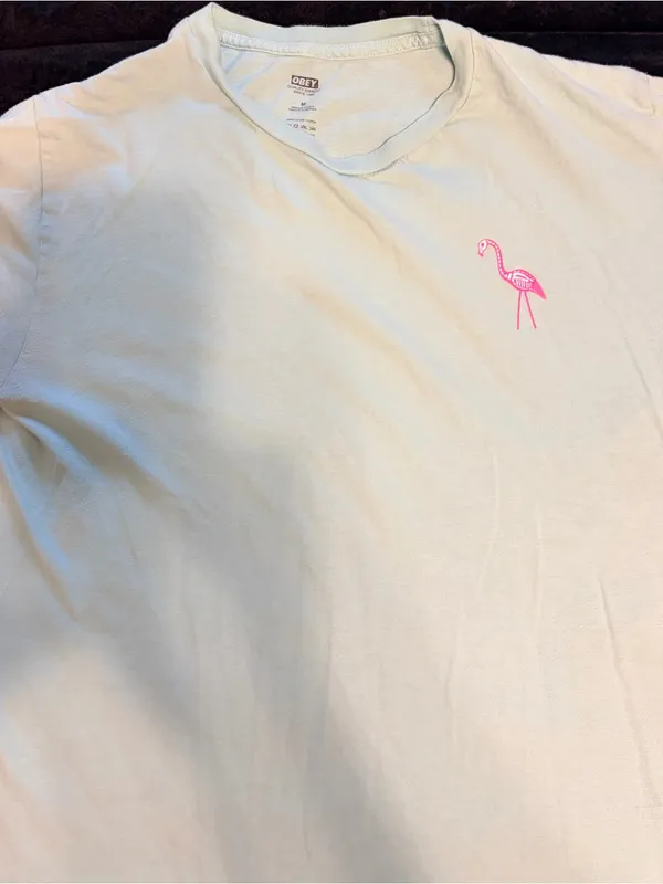 Obey Vintage Light Blue T-Shirt with Pink Flamingo Graphic - Image 2
