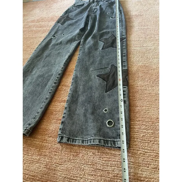 Daisy Street Star Patch Wide Leg Jeans Black Wash Grommet Detail Size US 3 - Image 4