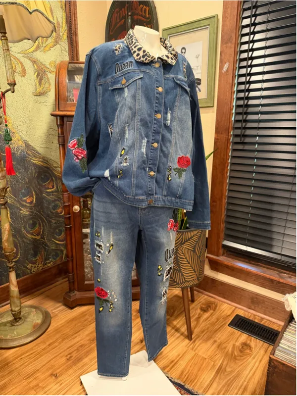 K Jordan 2pc Denim Set Plus Sz 3X Jacket 24W Jeans Leopard Rose Distressed Queen - Image 4