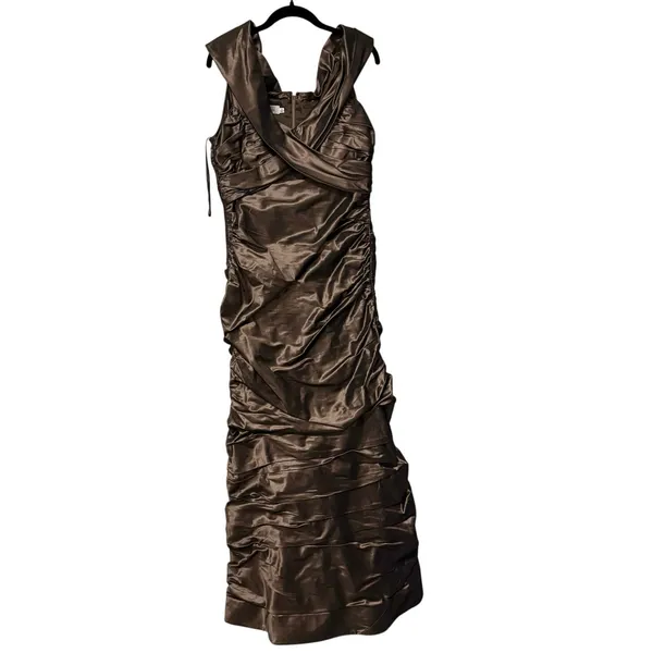 Rickie Freeman Teri Jon 100% Silk Bronze Metallic Ruched Maxi Gown Dress Size 16 - Image 2