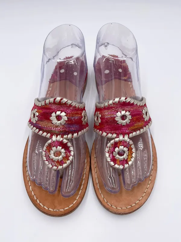 Jack Rogers Navajo Flat Metallic Red Silver Whipstitch Leather Thong Sandals 7 N - Image 3