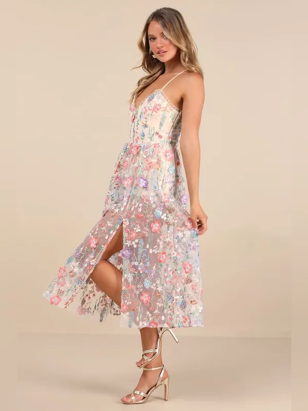 Lulu's Mahryn Beige 3D Floral Embroidered Midi Bodysuit Dress - Image 3