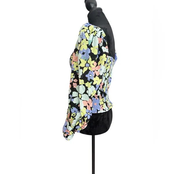 Free People Smocked Floral Puff Sleeve Top‎ XS – Square Neck Black Multicolor - Image 8
