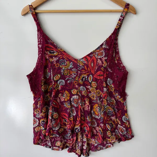 Free People Floral Cami Top Lace Trim V Neck Sleeveless‎ Blouse Medium - Image 6