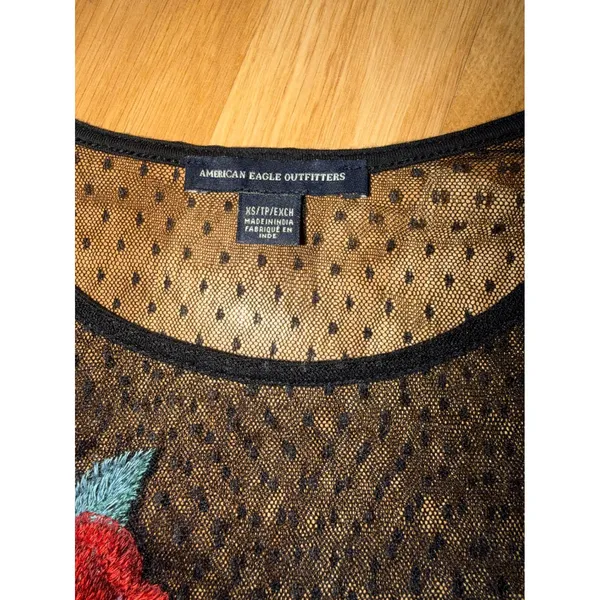 American Eagle Floral Embroidered Mesh Top Black Sheer Polka Dot Long Sleeve XS - Image 3