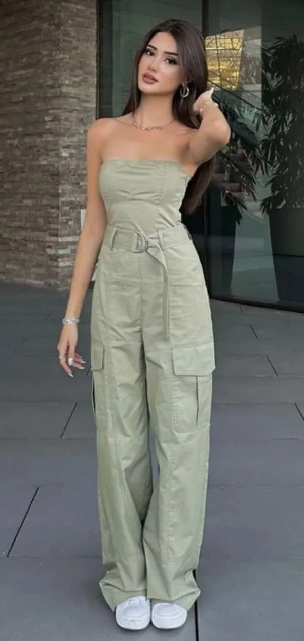 ZARA jumpsuit technical fabric cargo sleeveless wide streight leg light khaki - Image 3
