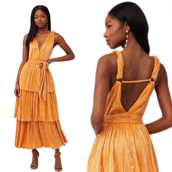 Sabina Musayev Alma Midi Dress in Mandarin Orange Pleated Tiered Small Like New - Image 2