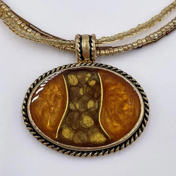Vintage 90s Kenneth Cole Amber Oval Pendant Beaded Strand Necklace Boho Gemstone - Image 3