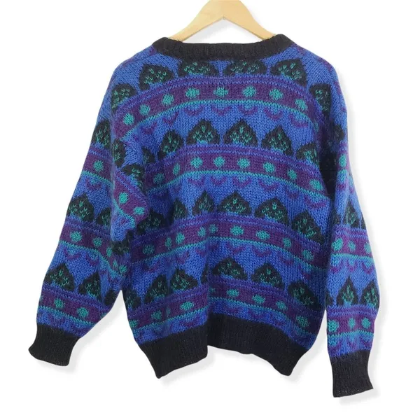 Vintage Gallagher Large Blue/Purple Geometric Cozy, Fuzzy, Knit Sweater GUC - Image 3