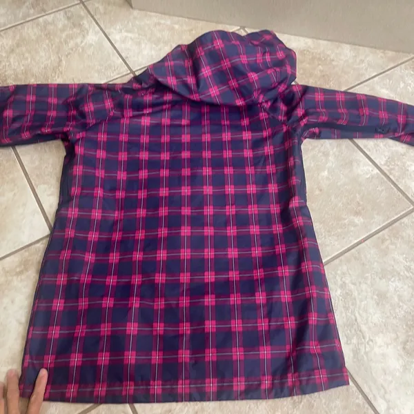 Burton Womens Plaid Hooded Rain Jacket Pink Navy Blue Mesh Lined Pit Zips Sz SM - Image 2