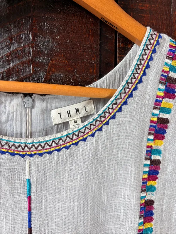 THML Light Blue Embroidered Cotton Sundress with Multicolor Trim - Image 2