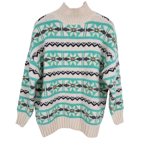 American Eagle Fair Isle Snowflake Sweater Womens‎ Small Teal Cream Knit Boho - Image 3