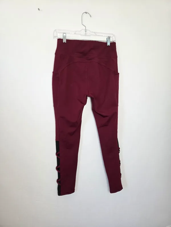 Popfit Lily Flex Leggings Maroon Burgundy Red Criss Cross Athletic Ankle Large - Image 6