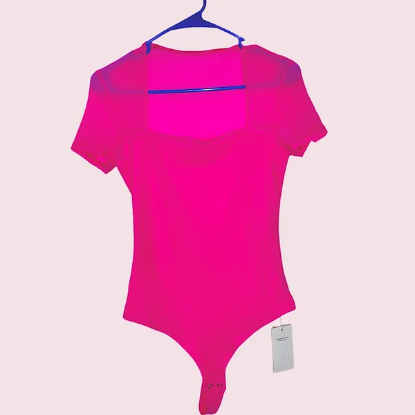 NWT‎ REORIA Mesh Sleeve Square Neck Bodysuit – Hot Pink – Small - Image 7