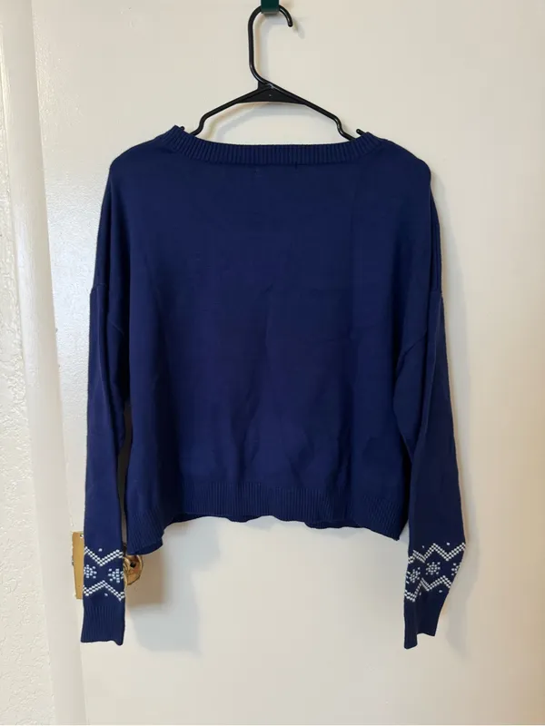 Sweet Envy Navy Blue Cropped Bunny Knit Sweater Coquette Kawaii Preppy Bow Sz L - Image 4