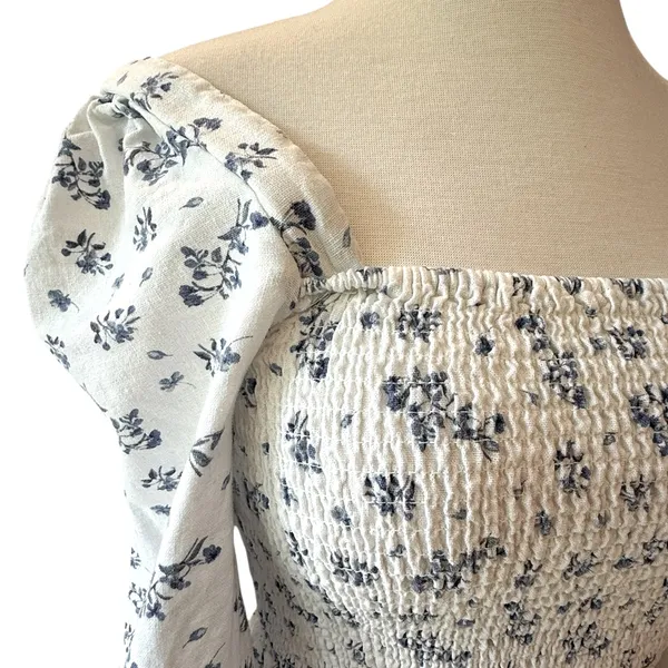 House of Harlow Linen Smocked Bodice Square Neck Floral Cottage Coquette Soft XS - Image 8