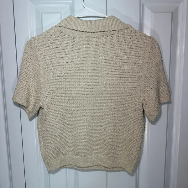 Free People Polo‎ Nolan Sweater XS Beige Short Sleeve V-Neck Cropped Coastal - Image 5