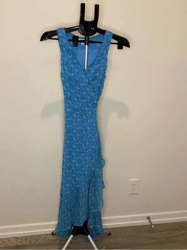 April Cornell Blue Floral Rayon Wrap Maxi Dress XXS Ruffle Hem Boho NWOT - Image 2