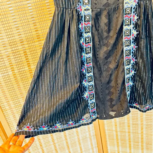 Free People Water Lilly RARE black metallic pinstripe crotchet lace mini dress - Image 5