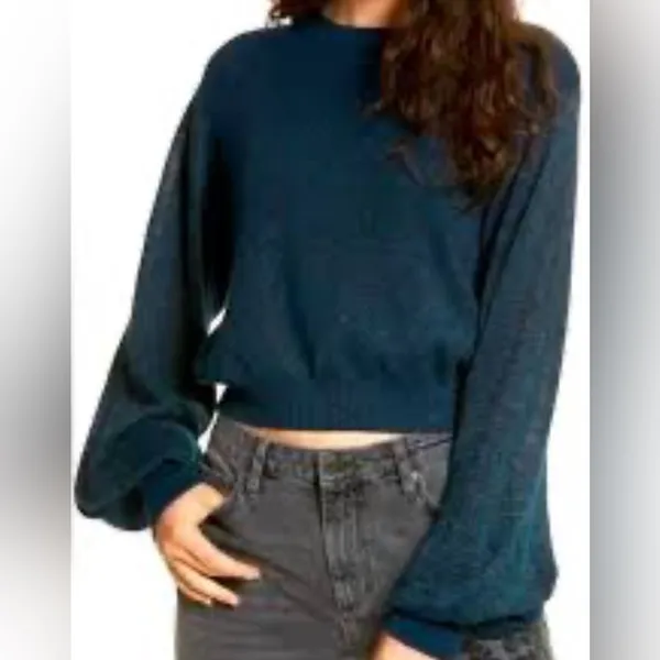 Free People Let It Shine Sweater Metallic Knit Cropped Balloon Sleeves Sz Small - Image 3