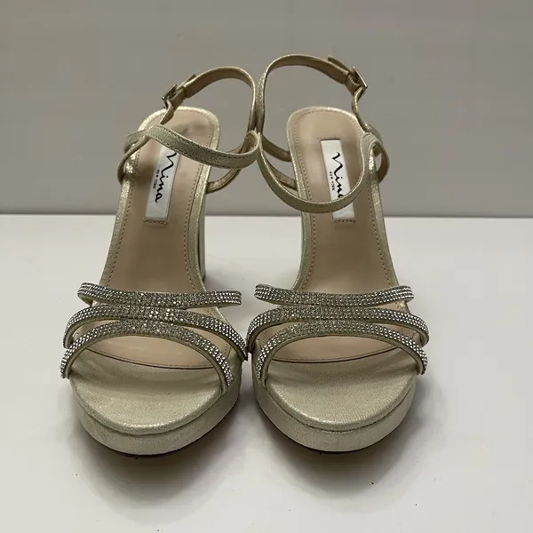 Nina‎ Saralyn Platino Platfom Sandal Heel Size 8 Gold Rhinestone Wedding Holiday - Image 3