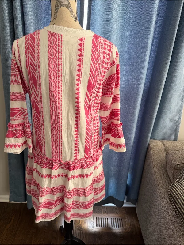 THML Pink & White Embroidered Tiered V-Neck Dress size-S - Image 4