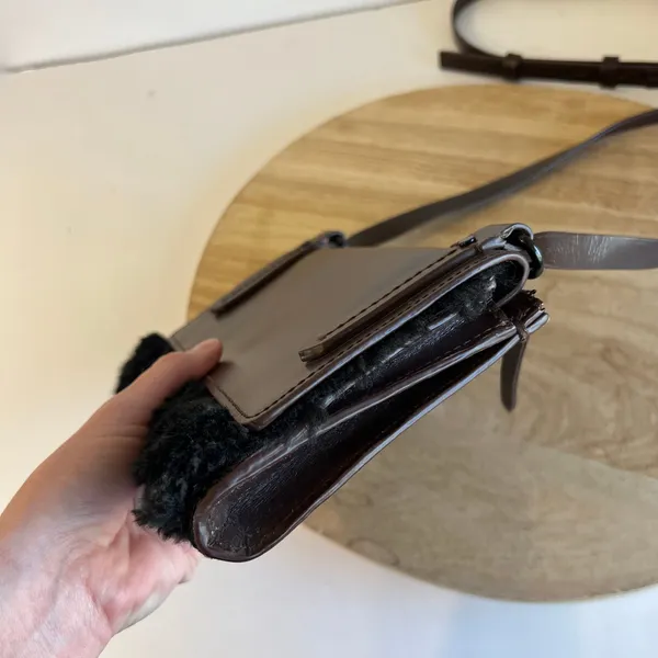 KDB Brown Genuine Cowhide Leather Black Fur Lined Crossbody Small Bag - Image 9
