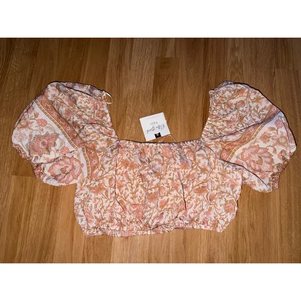 By The River Boho Cottage Core Floral Puff Sleeve Crop Top Pink Tan Small - Image 5