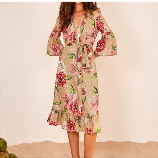 Farm Rio Floral Ruffle Beaded Tassels Belt‎ Slip-On Dress Size XS - Image 5