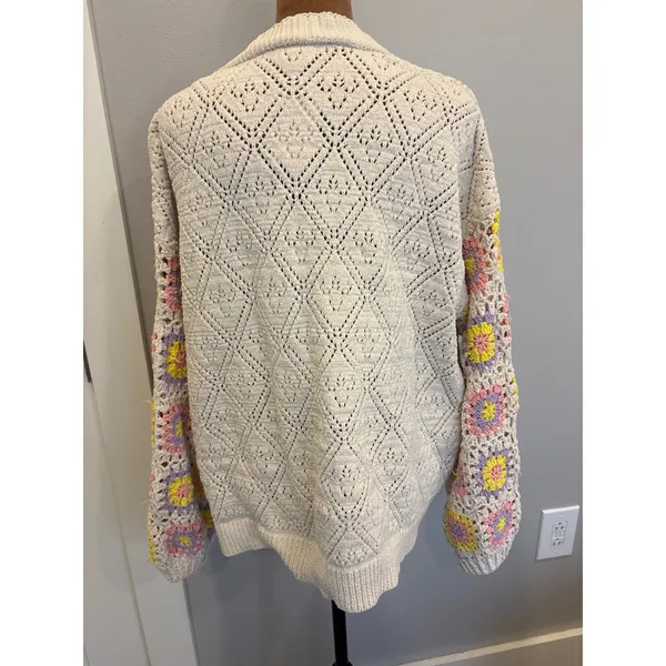 POL Women Cream Pointelle Knit BoHo Cardigan Crochet Granny Square Sleeve Large - Image 6
