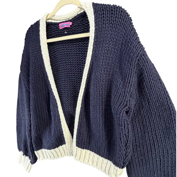 Edikted Contrast Chunky Knit Cardigan Womens XS/S Navy Ivory Oversized Cozy - Image 4